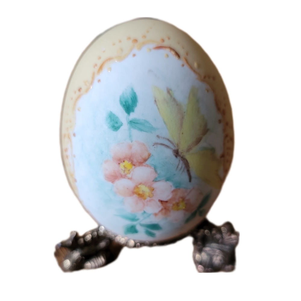 Ceramic Egg with Butterfly and Flower Design and Stand